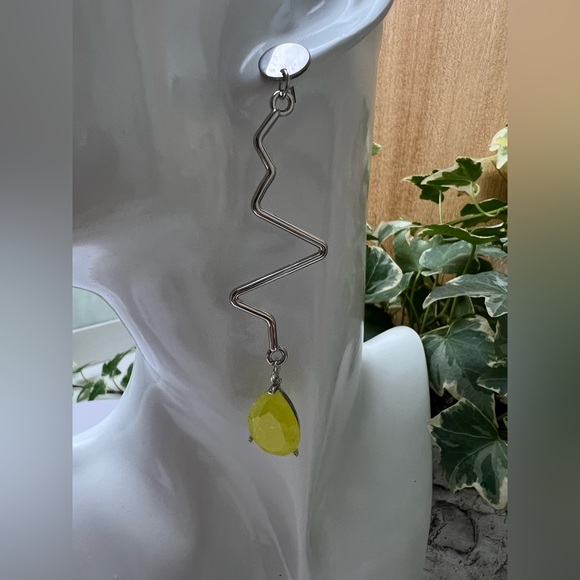 Minimalist Retro Silver & Yellow Earrings - Mid-Century Long Statement Earrings - Picture 6 of 15